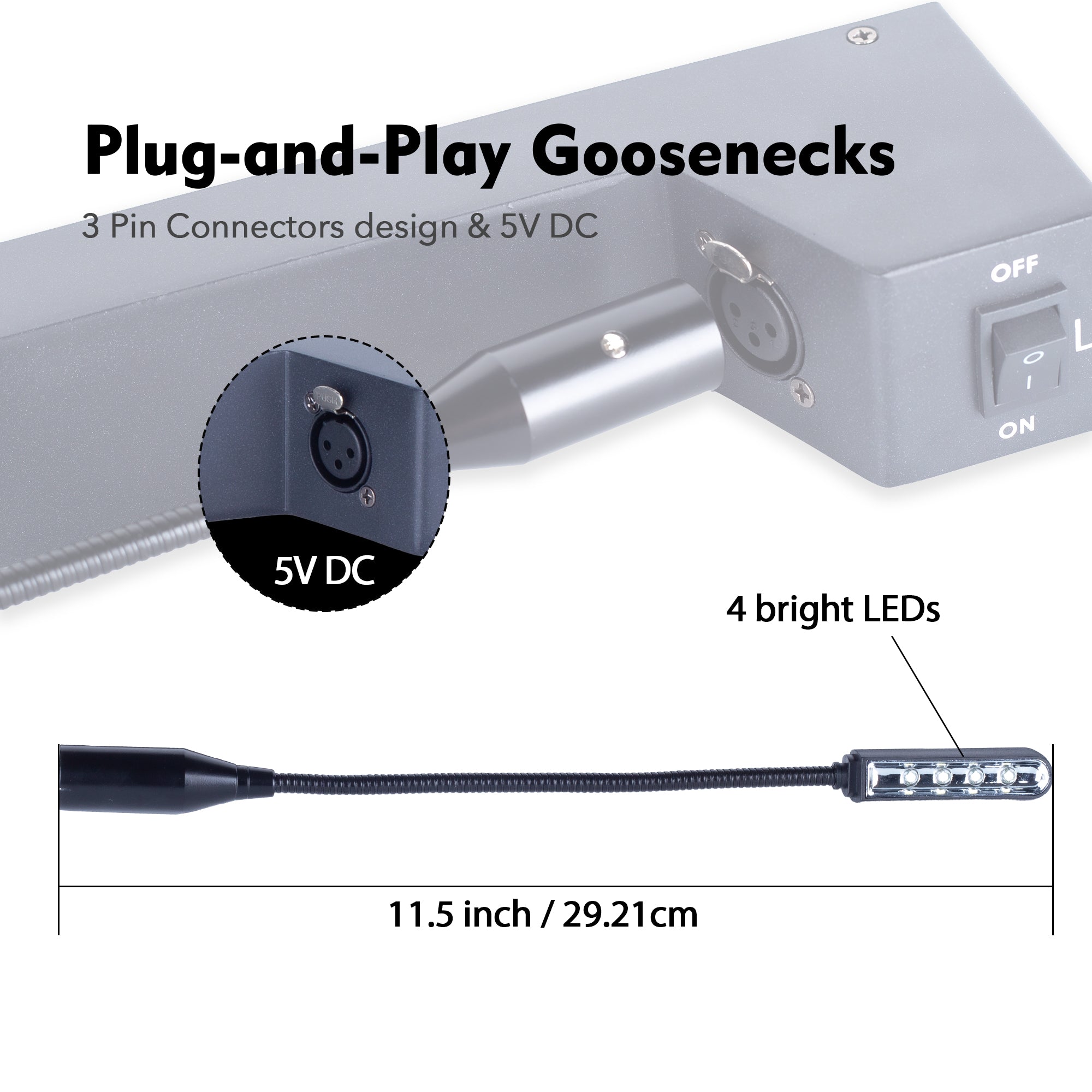 Pknight Rack Mount Gooseneck LED Light, 3 Dimmable Lamps, PowerCON Input, Brightness Control, Detachable XLR, Metal Housing – LA0102