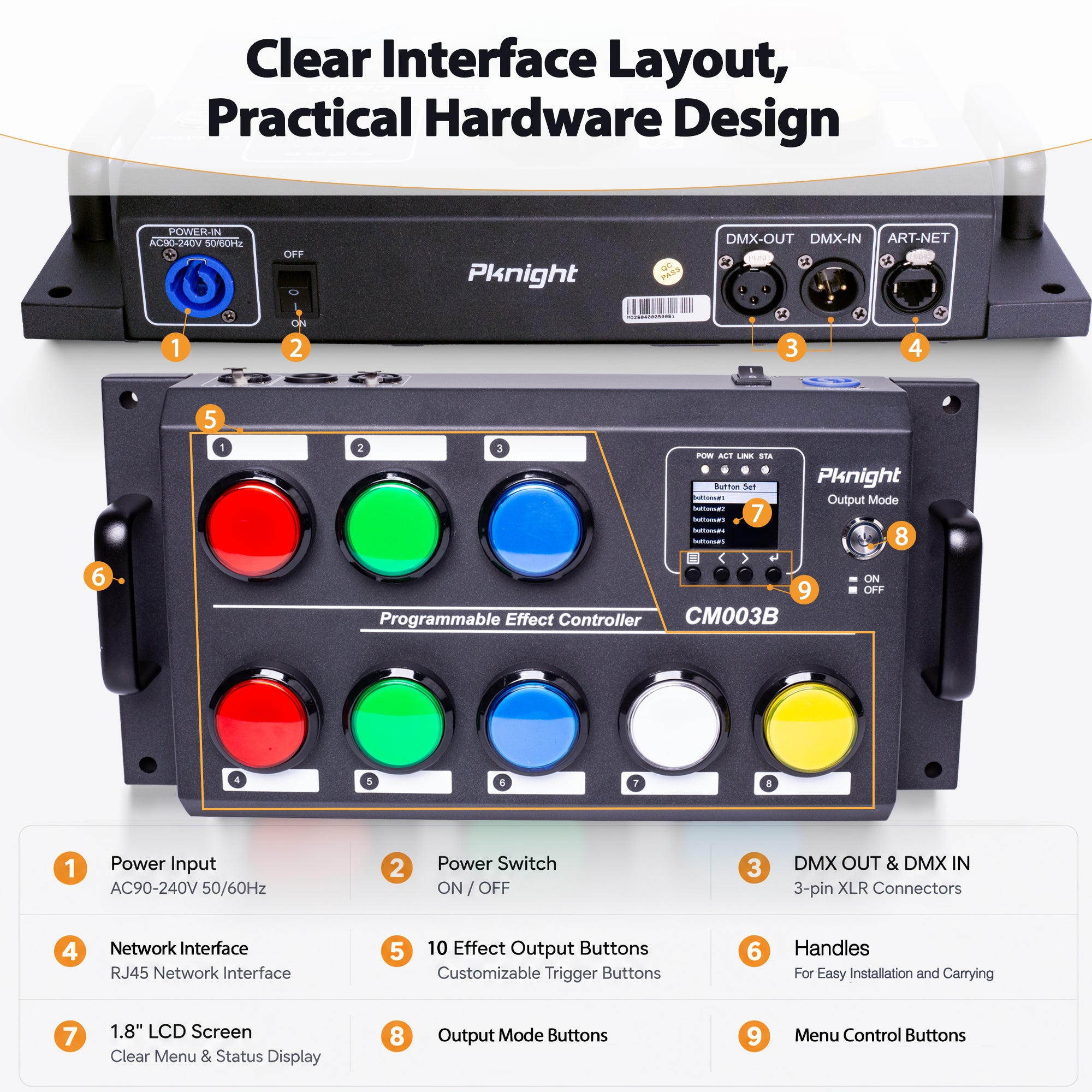 CM003B 8-Button DMX Scene Recorder Controller, 16 Scene Actions, 18650 Battery Slot, DMX512 Art-Net sACN Playback