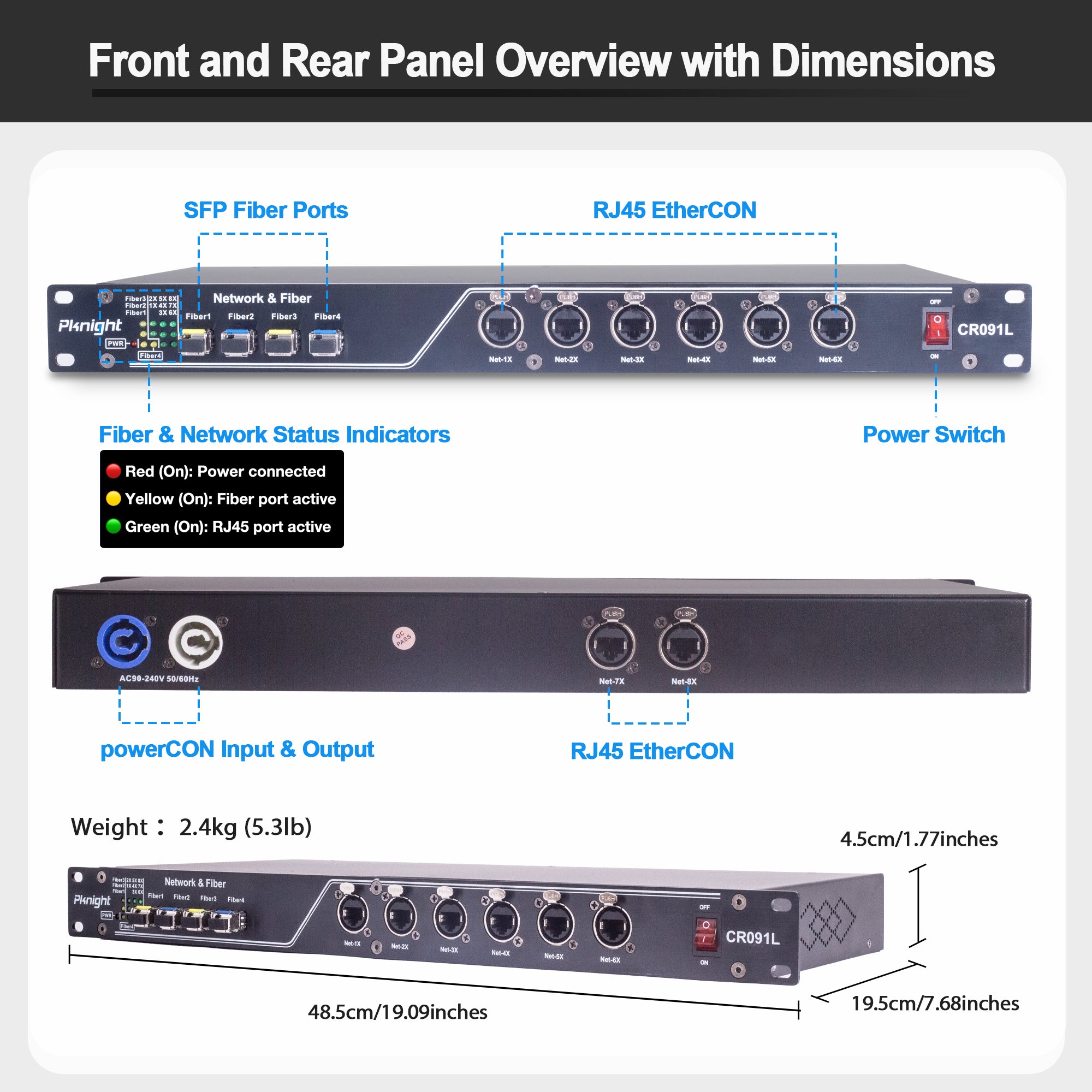 Pknight Gigabit Fiber Ethernet Switch , 12 Port Hybrid , 4 SFP + 8 RJ45 . Industrial Rackmount Network Hub for Stage Lighting CR091L