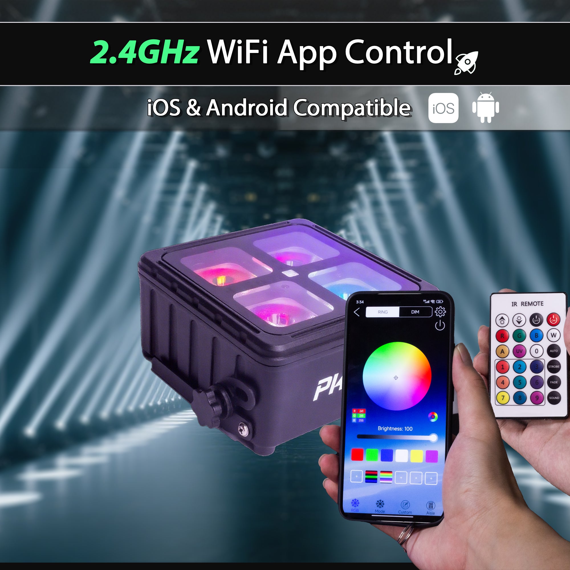 PKnight Wireless Stage Uplight with Battery & Guangzhou Protocol, 4×20W RGBWA+UV, Group Control, WiFi, IP65, Fanless for Events and Rentals