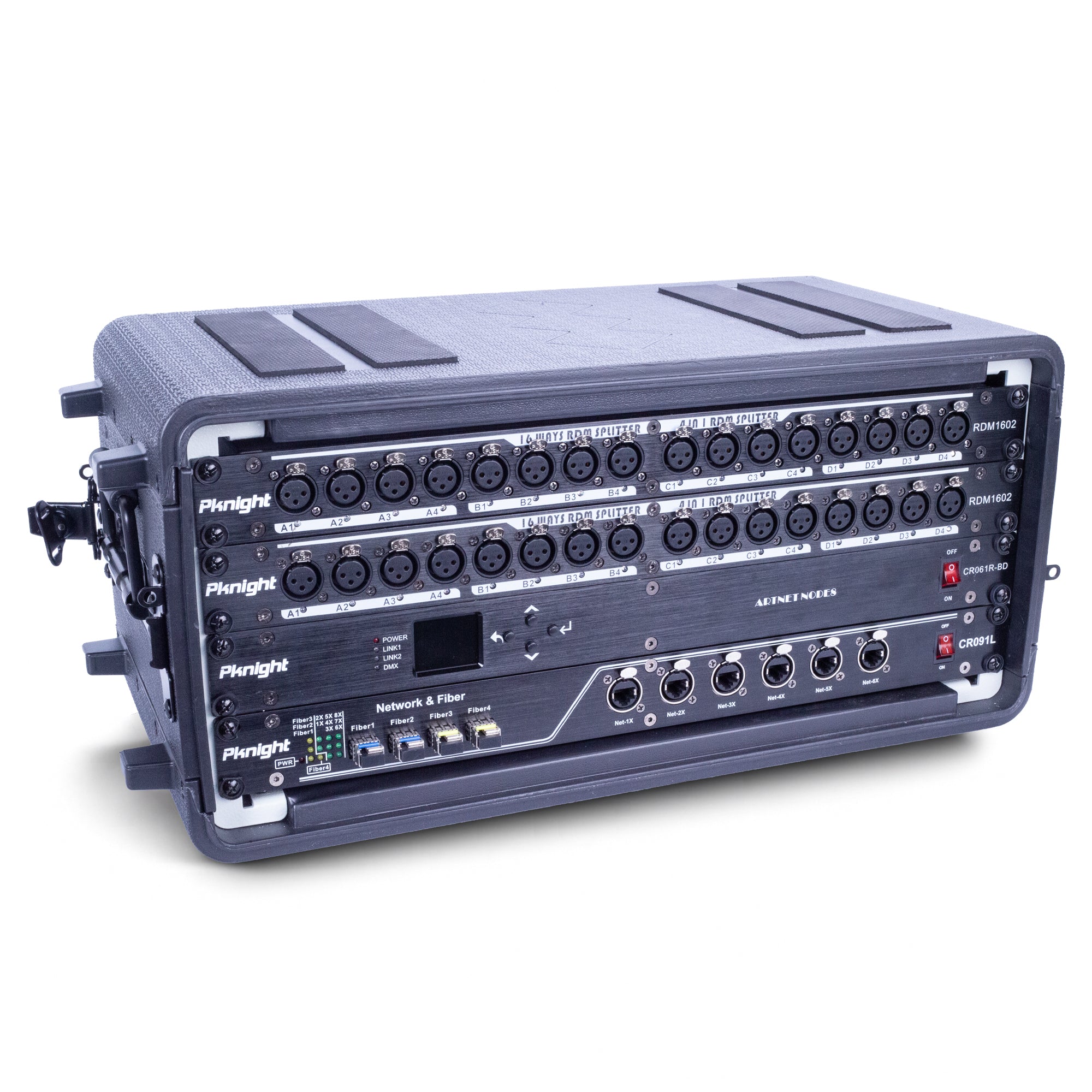 Pknight 19″ Rackmount Lighting and Network System, All-in-One 4U Touring Rack with 2 RDM Splitters, Art-Net Controller and 12-Port Gigabit Fiber Switch, Professional Flight Case for Stage Lighting