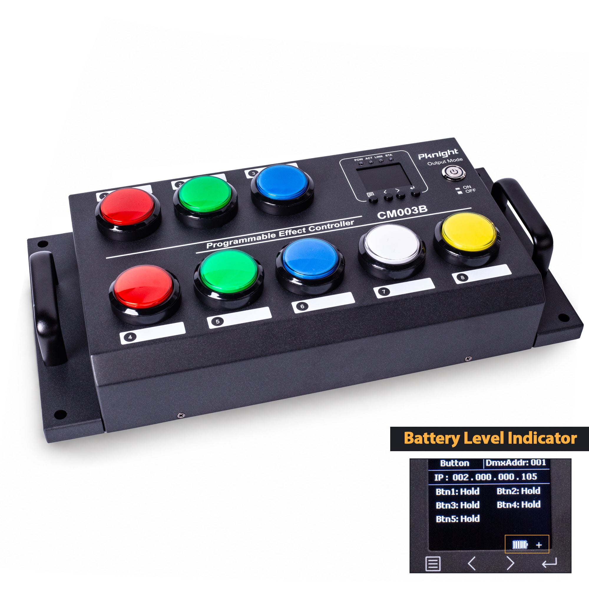 CM003B 8-Button DMX Scene Recorder Controller, 16 Scene Actions, 18650 Battery Slot, DMX512 Art-Net sACN Playback