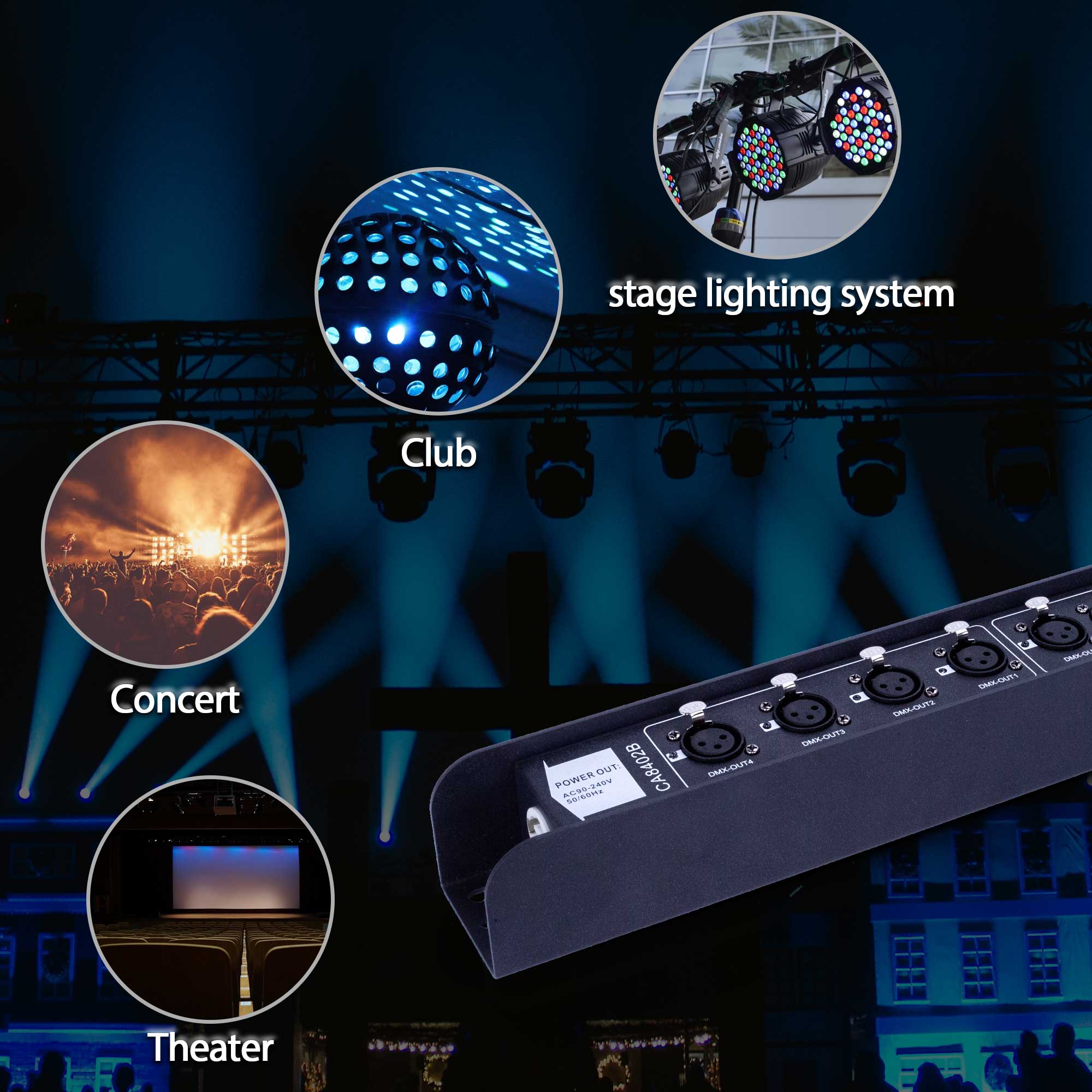 Pknight DMX512 Splitter 1 In 4 Out, Optically Isolated DMX Distributor & Signal Amplifier with PowerCON In/Out Daisy Chain, Truss-Mountable 3-Pin XLR Signal Booster for Stage Lighting Consoles