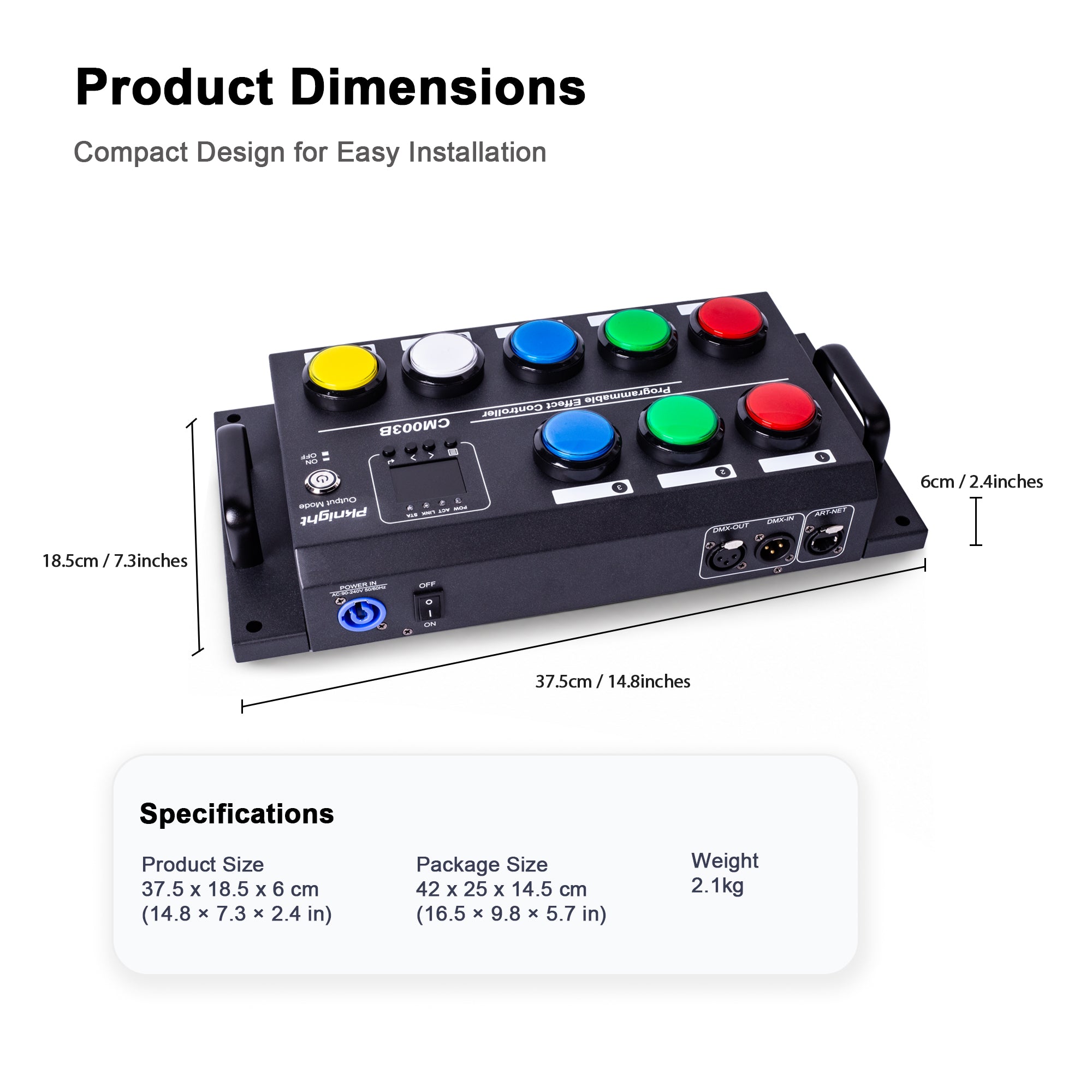 CM003B 8-Button DMX Scene Recorder Controller, 16 Scene Actions, 18650 Battery Slot, DMX512 Art-Net sACN Playback