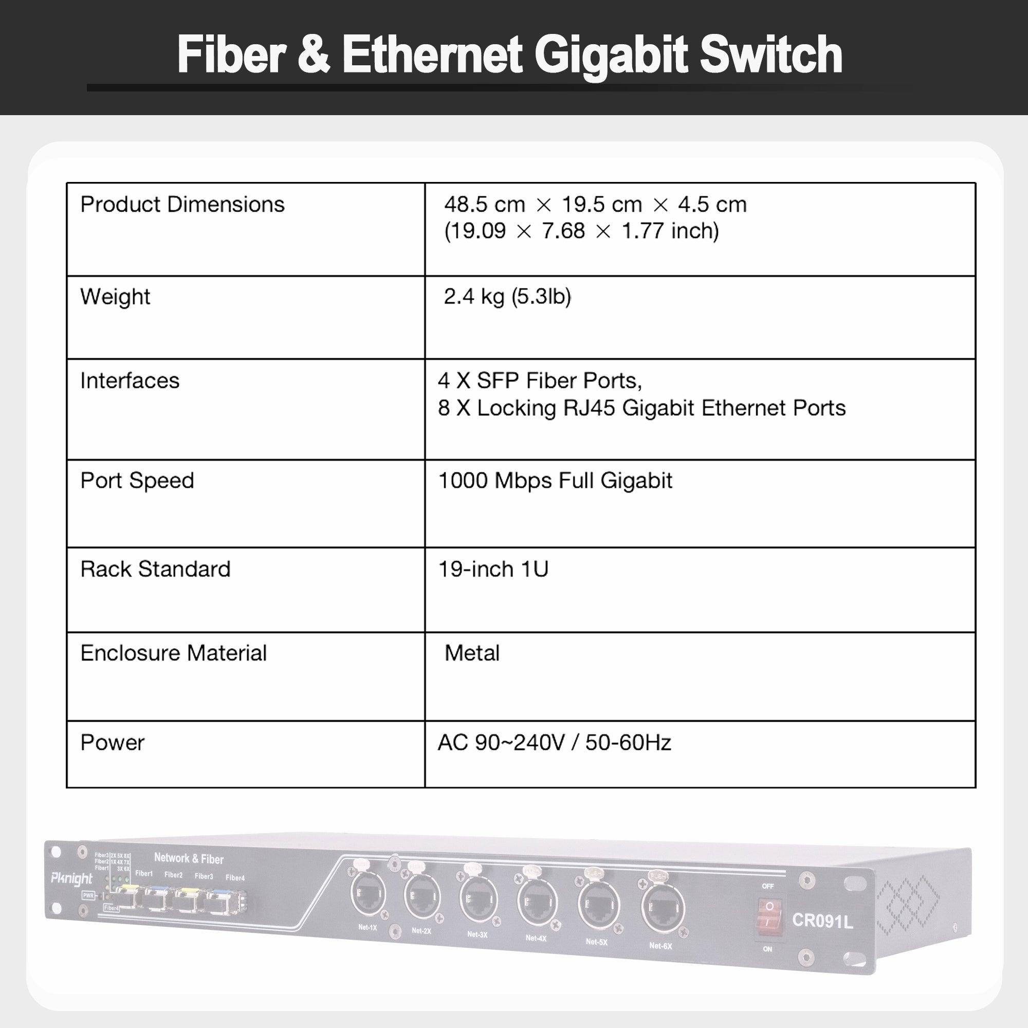 Pknight Gigabit Fiber Ethernet Switch , 12 Port Hybrid , 4 SFP + 8 RJ45 . Industrial Rackmount Network Hub for Stage Lighting CR091L