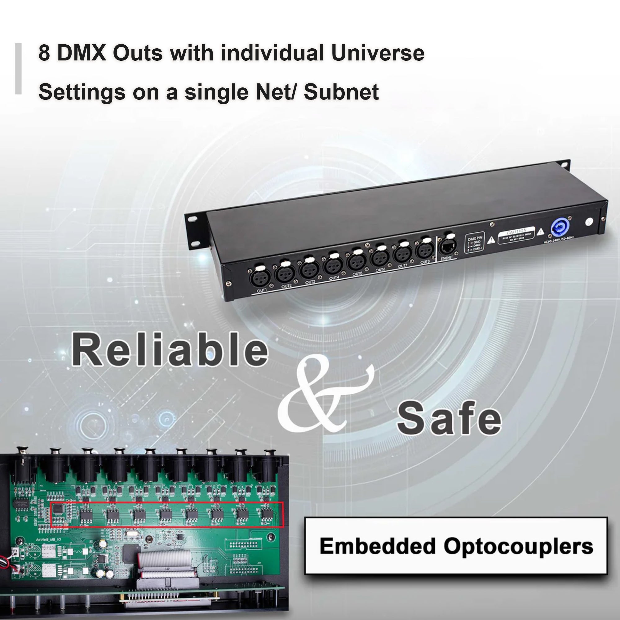 Pknight ArtNet DMX Interface, 8-Channel, 19" Rack, 1U Stage Lighting Network Control , CR061S