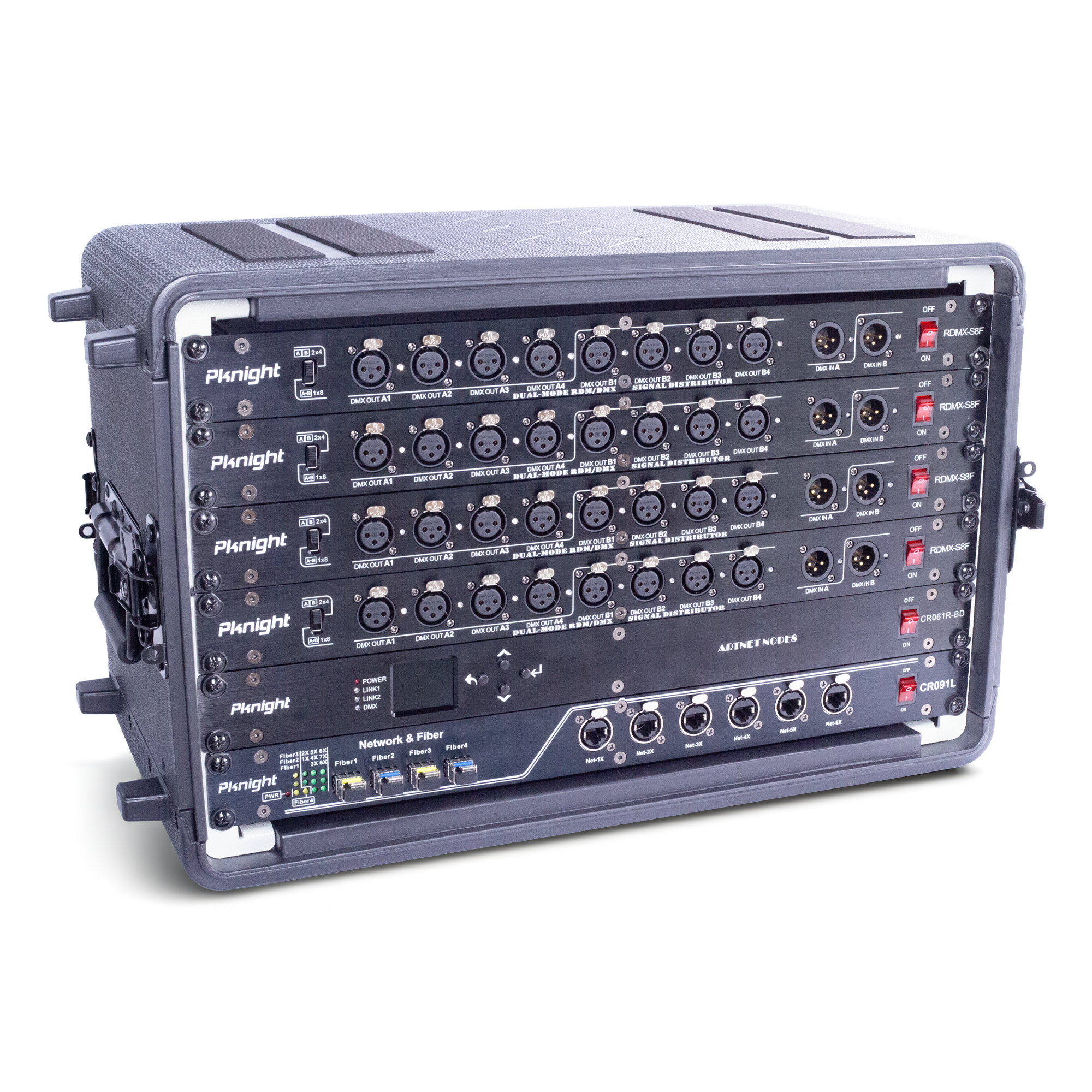 Pknight 19″ Rackmount Lighting and Network System,All in One Touring Rack with 4 RDM Splitters,ArtNet Controller and 12 Port Gigabit Fiber Switch,Professional Flight Case for Stage Lighting