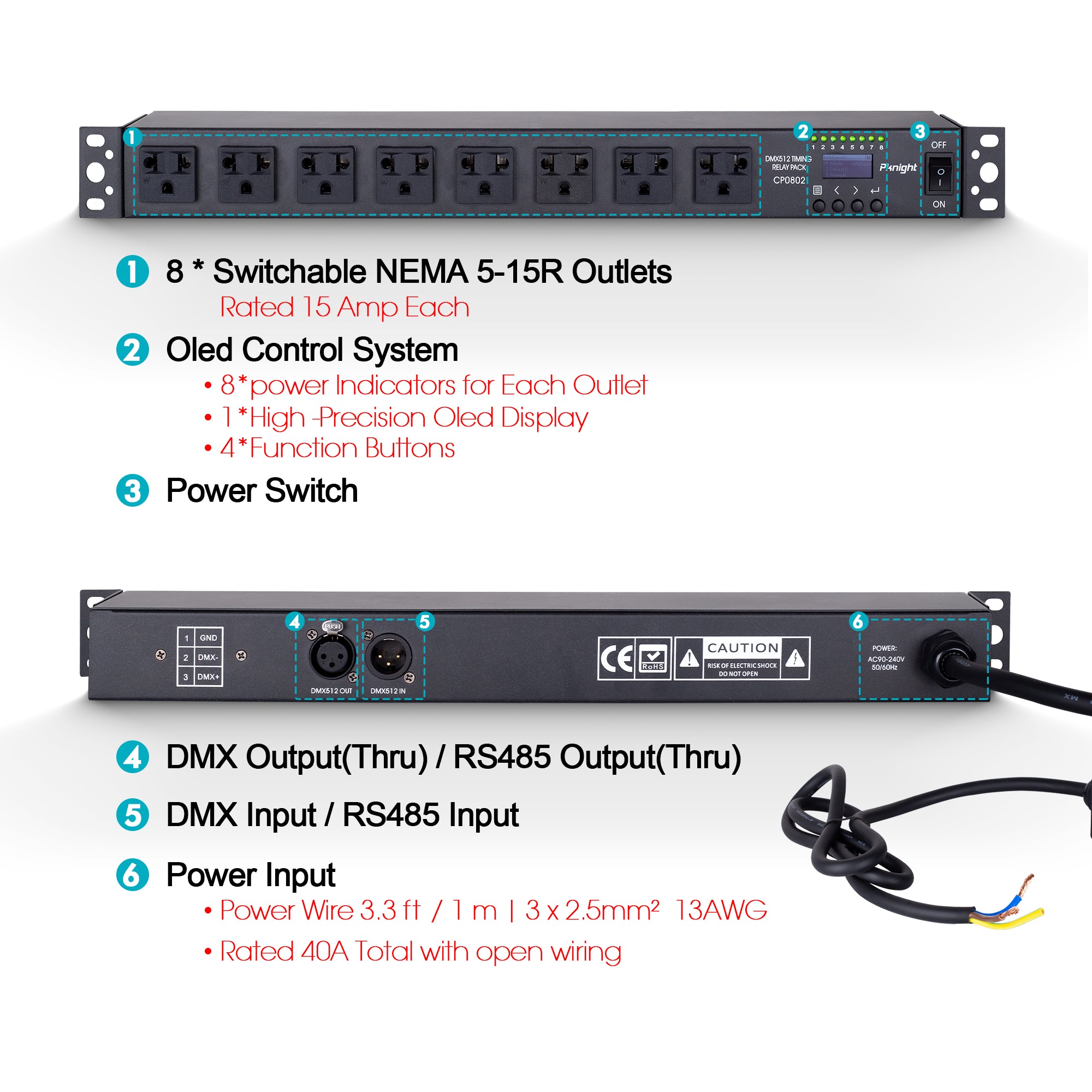 Pknight CP0802 Power Sequencer DMX & RDM Relay Pack RS485 Smart Switch