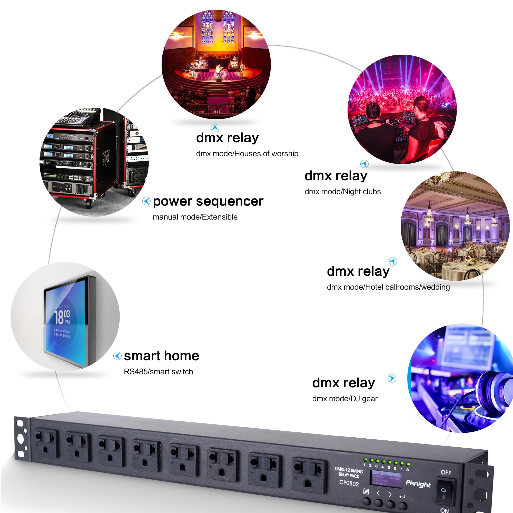 Pknight CP0802 Power Sequencer DMX & RDM Relay Pack RS485 Smart Switch