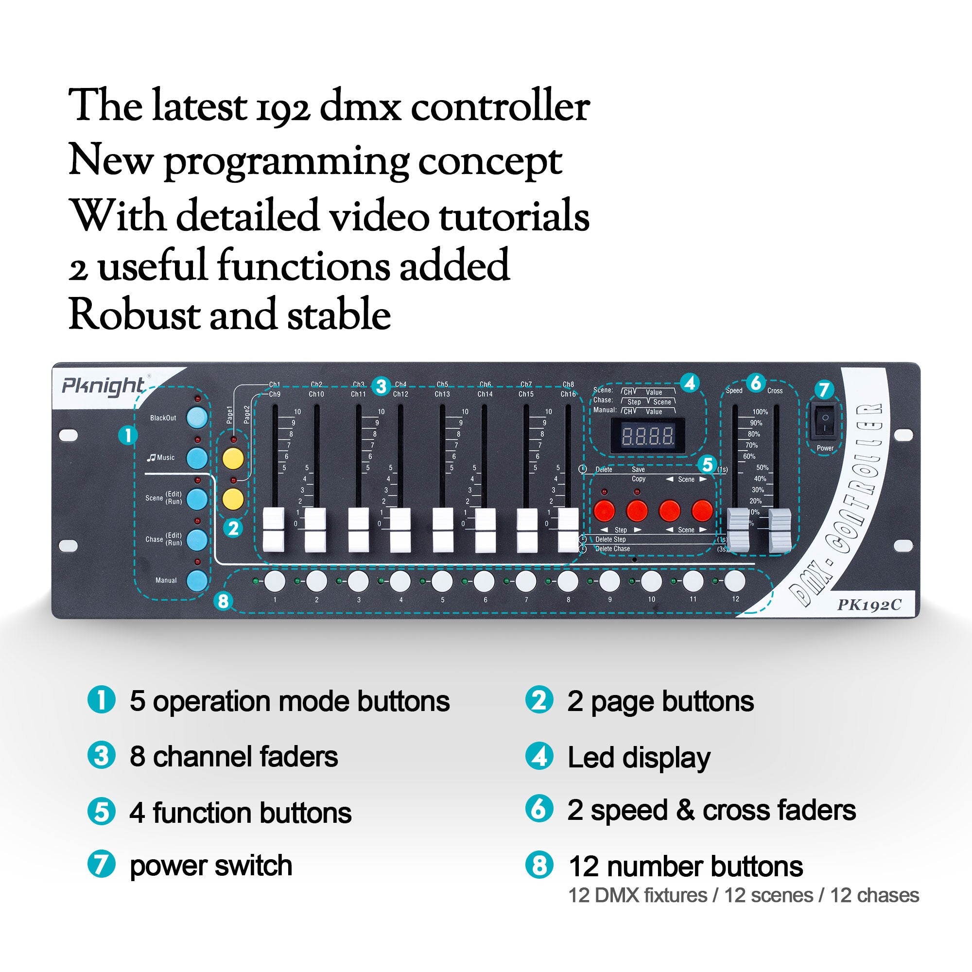 Pknight DMX Light Controller,192ch DMX Lighting Console, simple Lighting Board Controller For Stage Lights , dj Light And Ktv